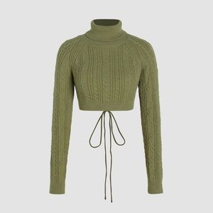Turtleneck Cable Knit Backless Crop Sweater